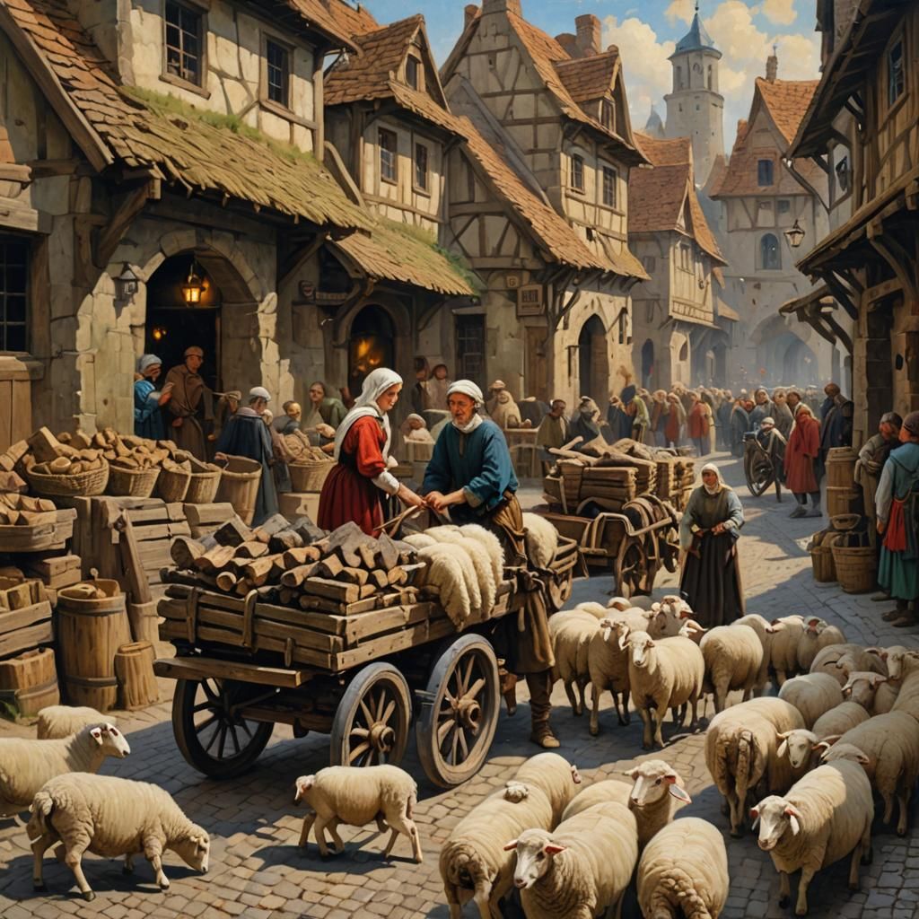 Medieval Market Scene with Sheep and Logs