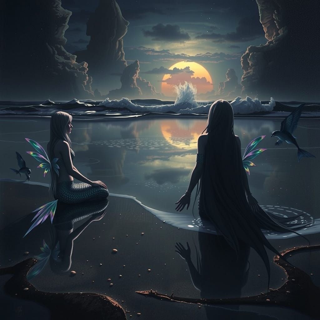 Whimsical Fae-Mermaids on Shimmering Sand at Dawn
