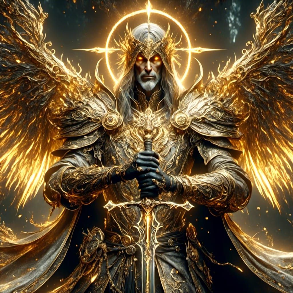 Fantasy Crusader with Golden Halo and Sword