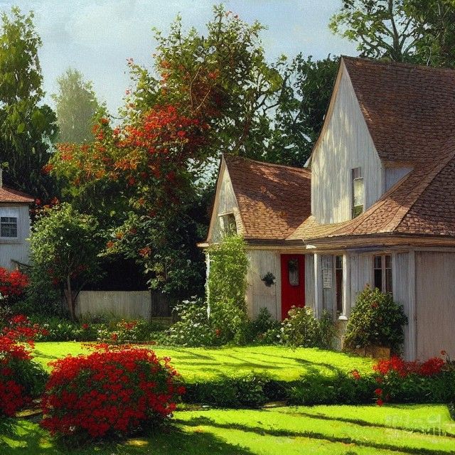 Cozy House with Yard as Oil Painting