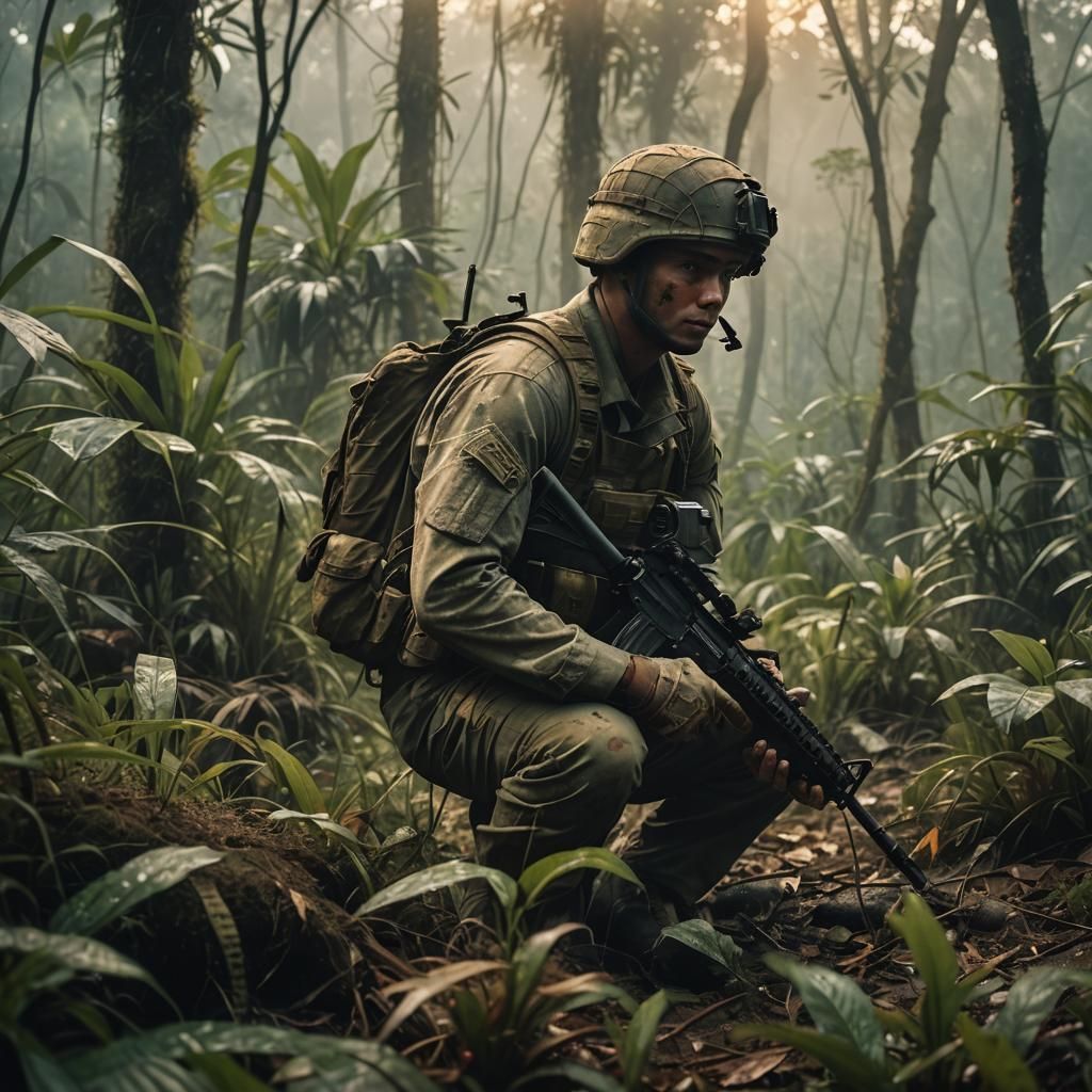 US Soldier in Jungle, Cinematic Film Still