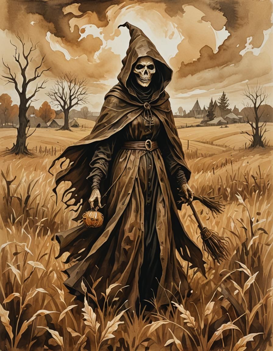 Creepy Veiled Witch in Autumn Field: Gouache Painting