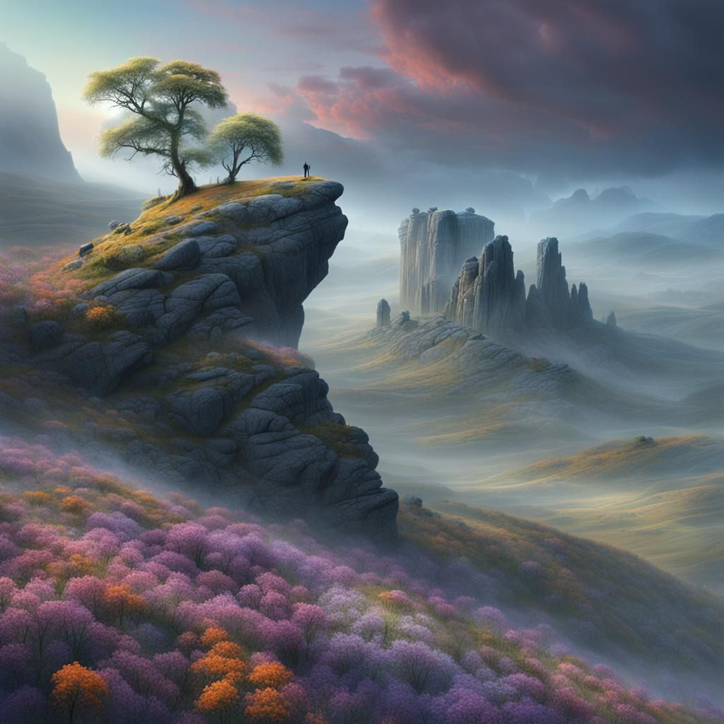 Epic Cinematic Landscape with Misty Outcrops