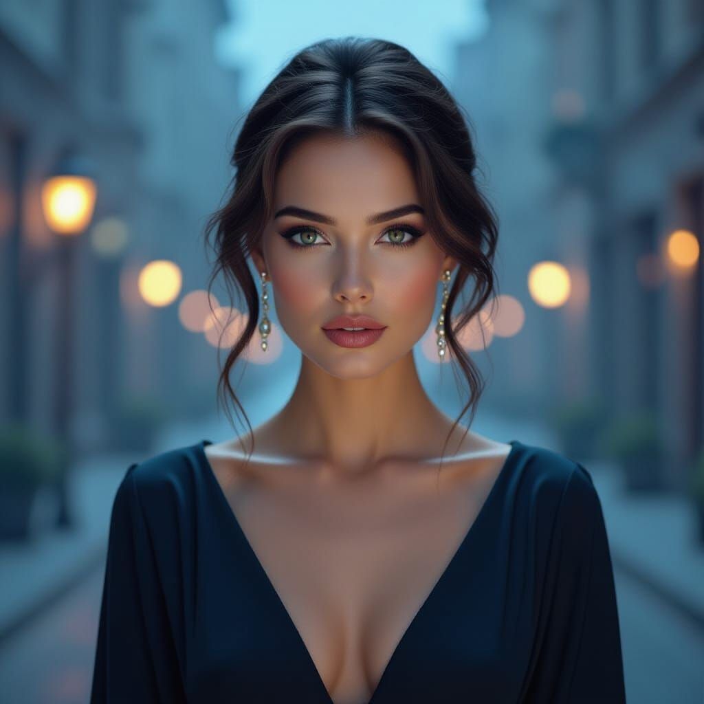 Mysterious Luminescent Woman in Elegant Night Attire