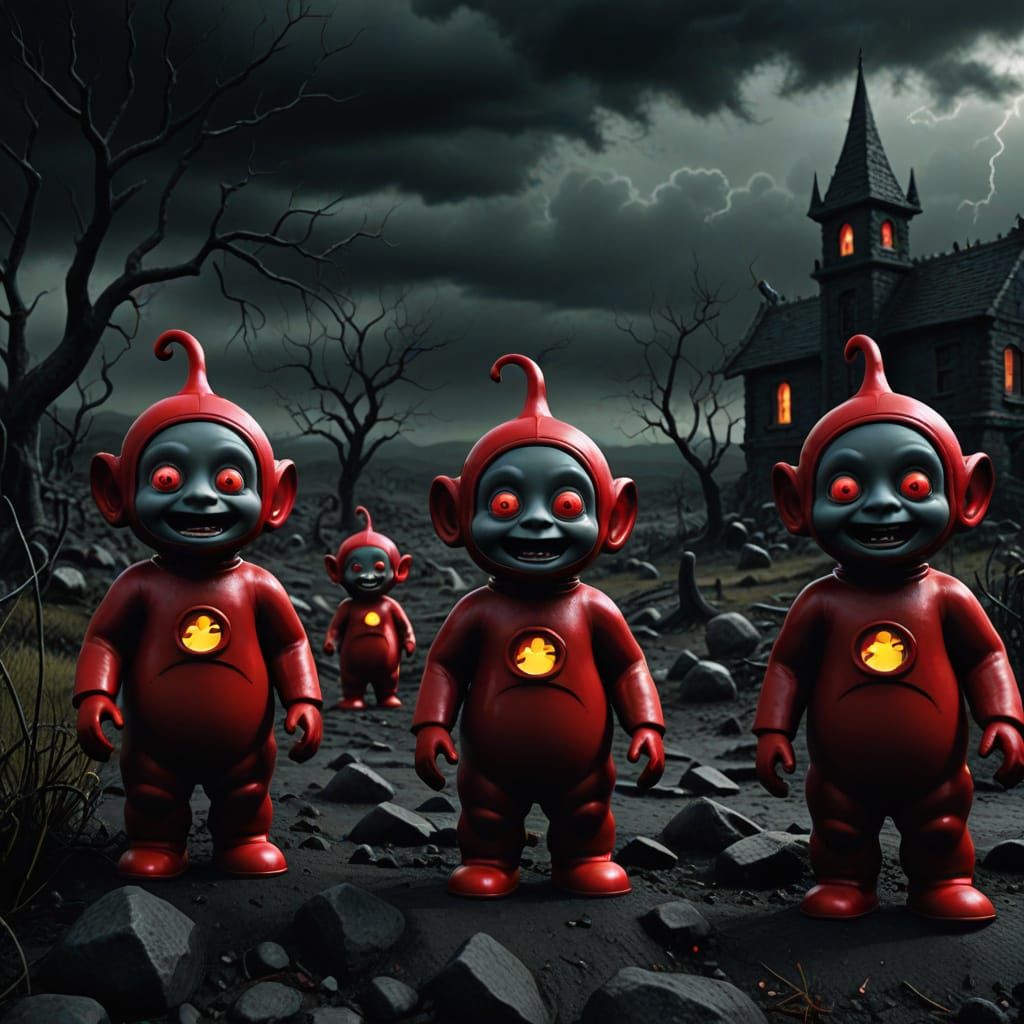 Evil Teletubbies in Dark Fantasy Haunted Landscape