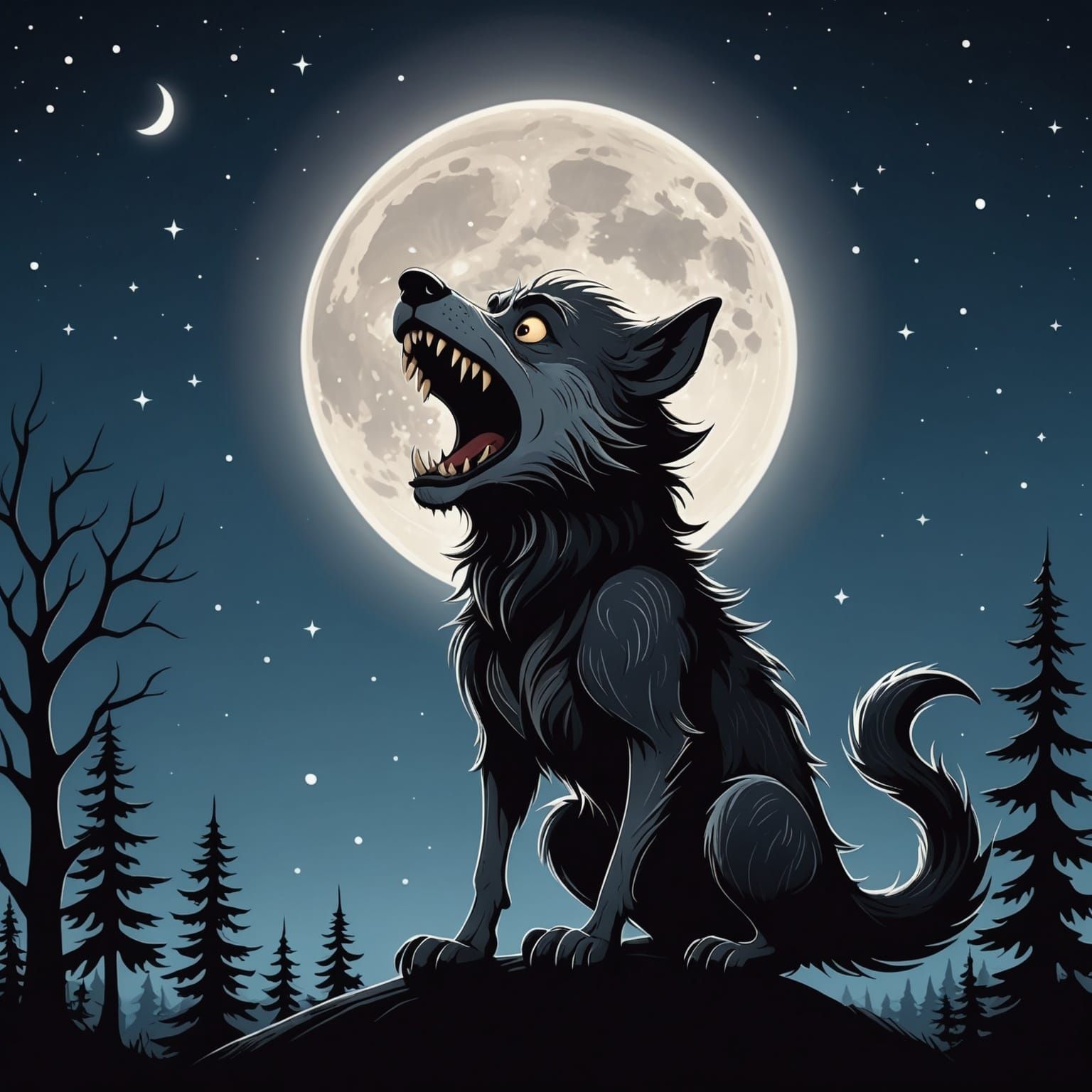 Cute Werewolf Howling at Moon in Cartoon Style
