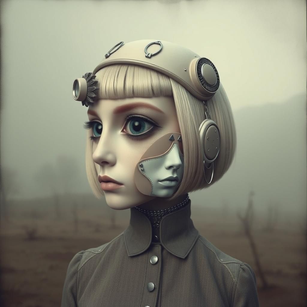 Surreal Woman with Futuristic Headpiece in Foggy Landscape