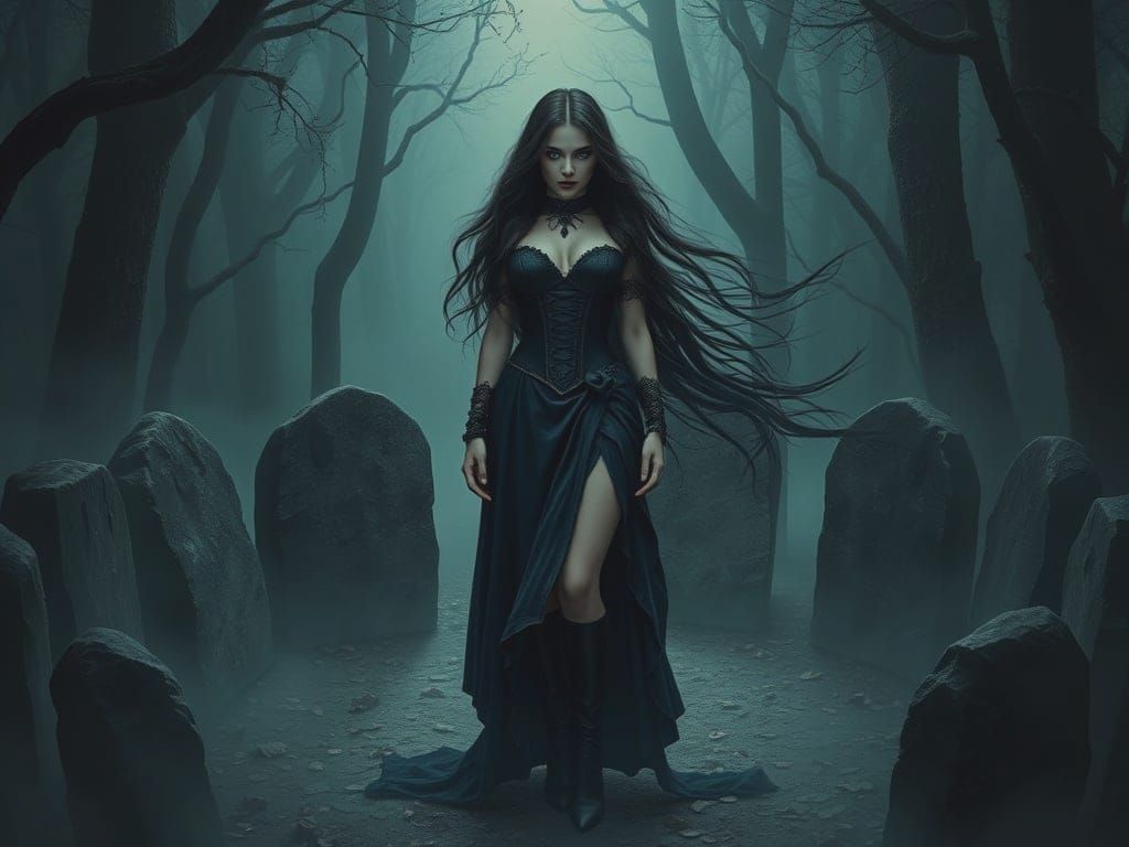 Gothic Enchantress Casting Spell in Misty Forest