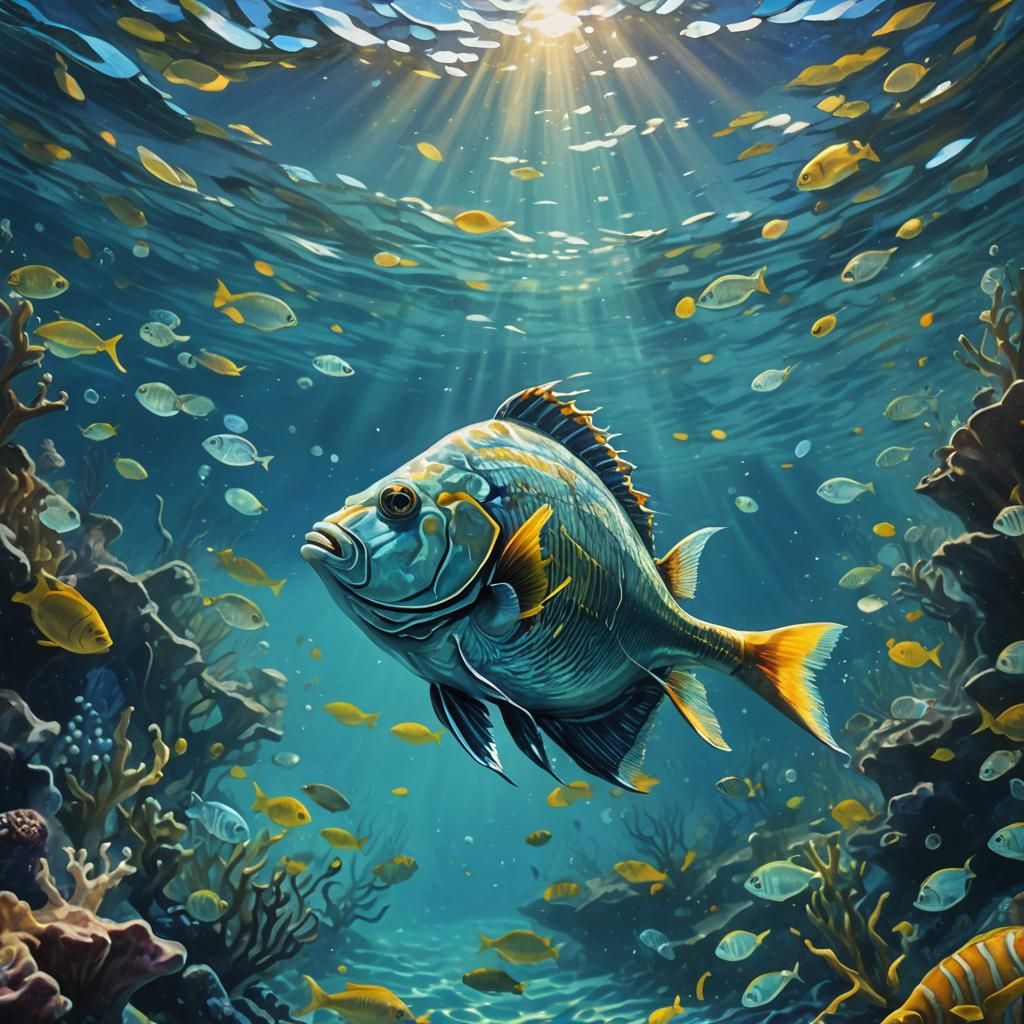 Cerulean Fish in Impressionistic Underwater Scene