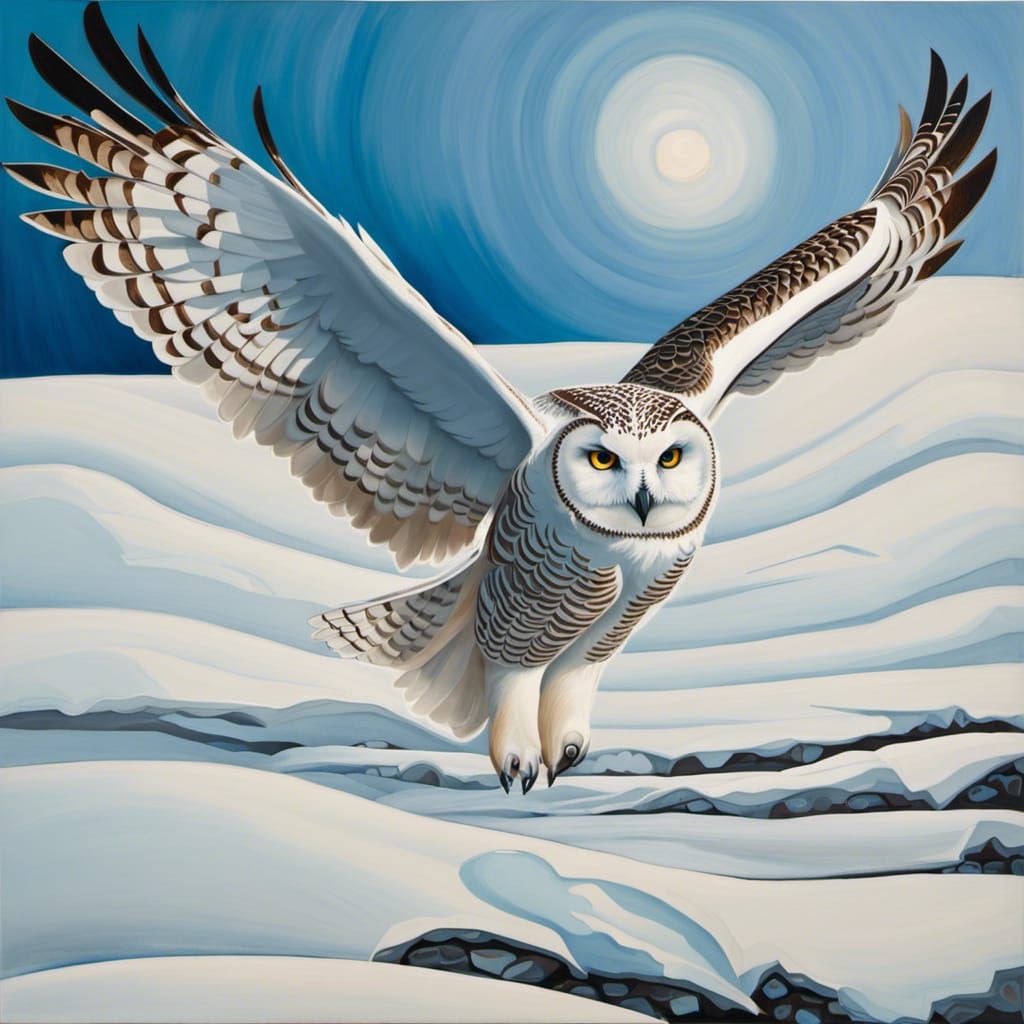 Snowy Owl in Flight, Art Brut Style