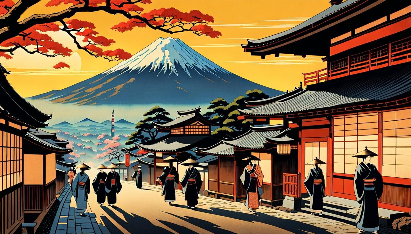 Ukiyo-e Serene Mount Fuji and Old Japan Street
