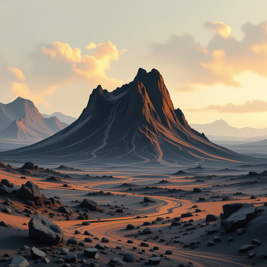 Dead Volcano in Desert Landscape, Matte Painting Style
