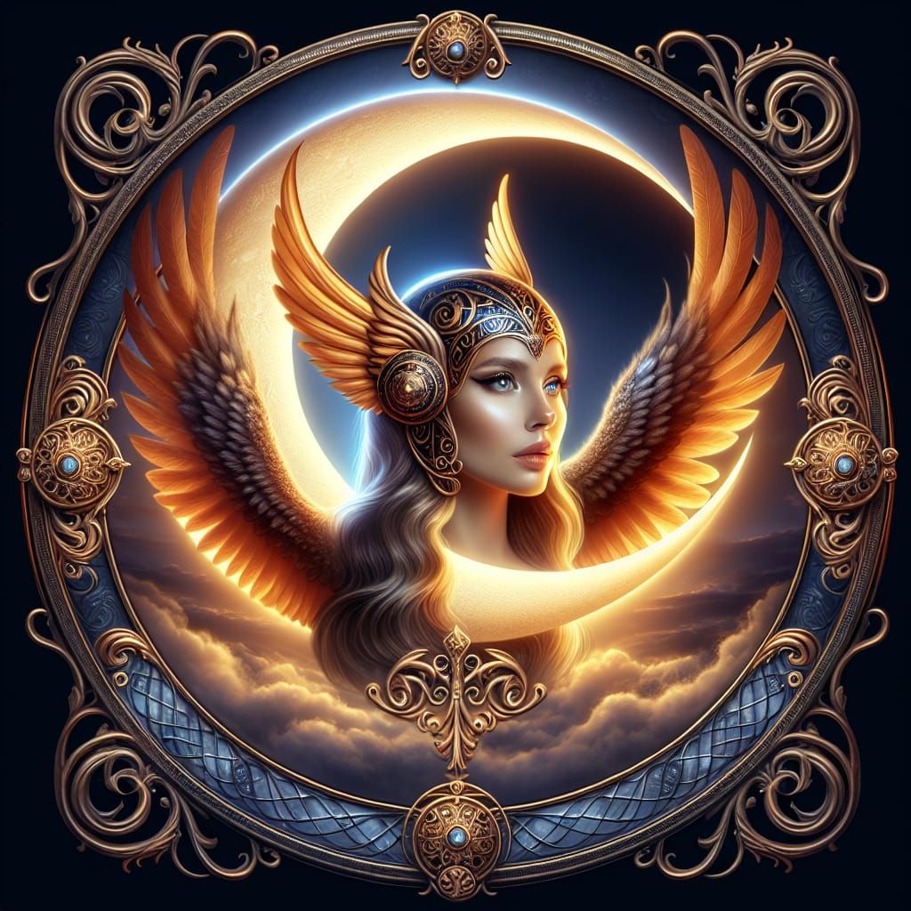 a unique detailed lighted crescent moon, valkyrie wings and ...