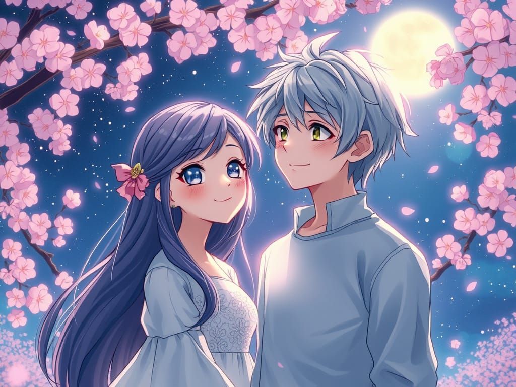 Dreamy Cherry Blossom Encounter under Starry Sky