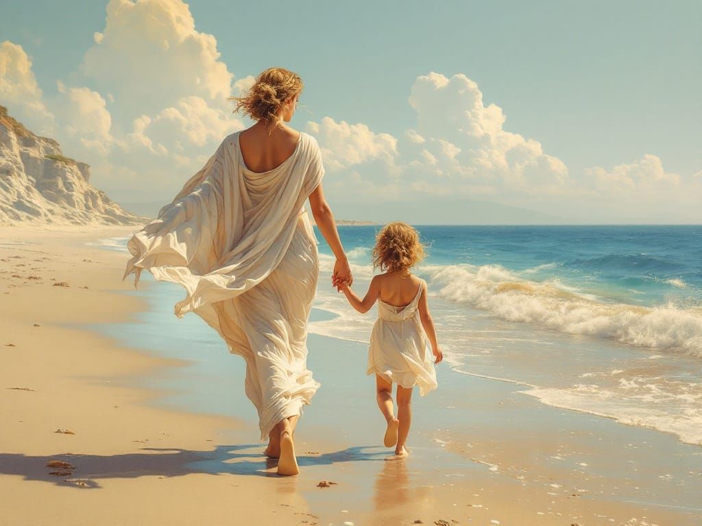 Mother and Daughter Goddesses Stroll Along Mediterranean Bea...