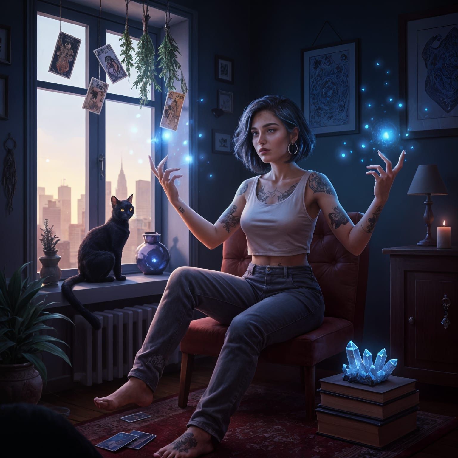 Urban Witch in Cozy Room with Mystical Objects