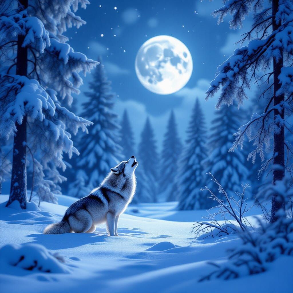 Lone Wolf Howling in Snowy Forest Clearing