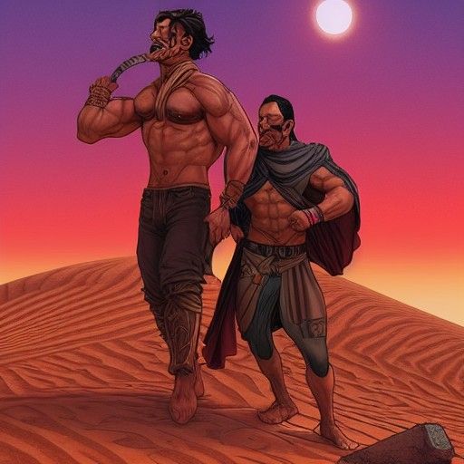 Arabian Swordsman in Desert Sunset, Comic Book Art