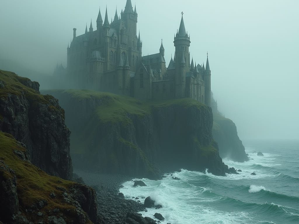 Gothic Fantasy Castle on Cliff Edge, Stormy Sea
