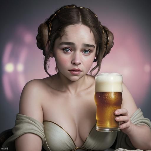 Emilia Clarke has a beer dressed as Princess Leia's