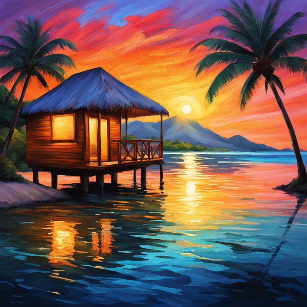 Tropical Oasis in Vibrant Oil Painting