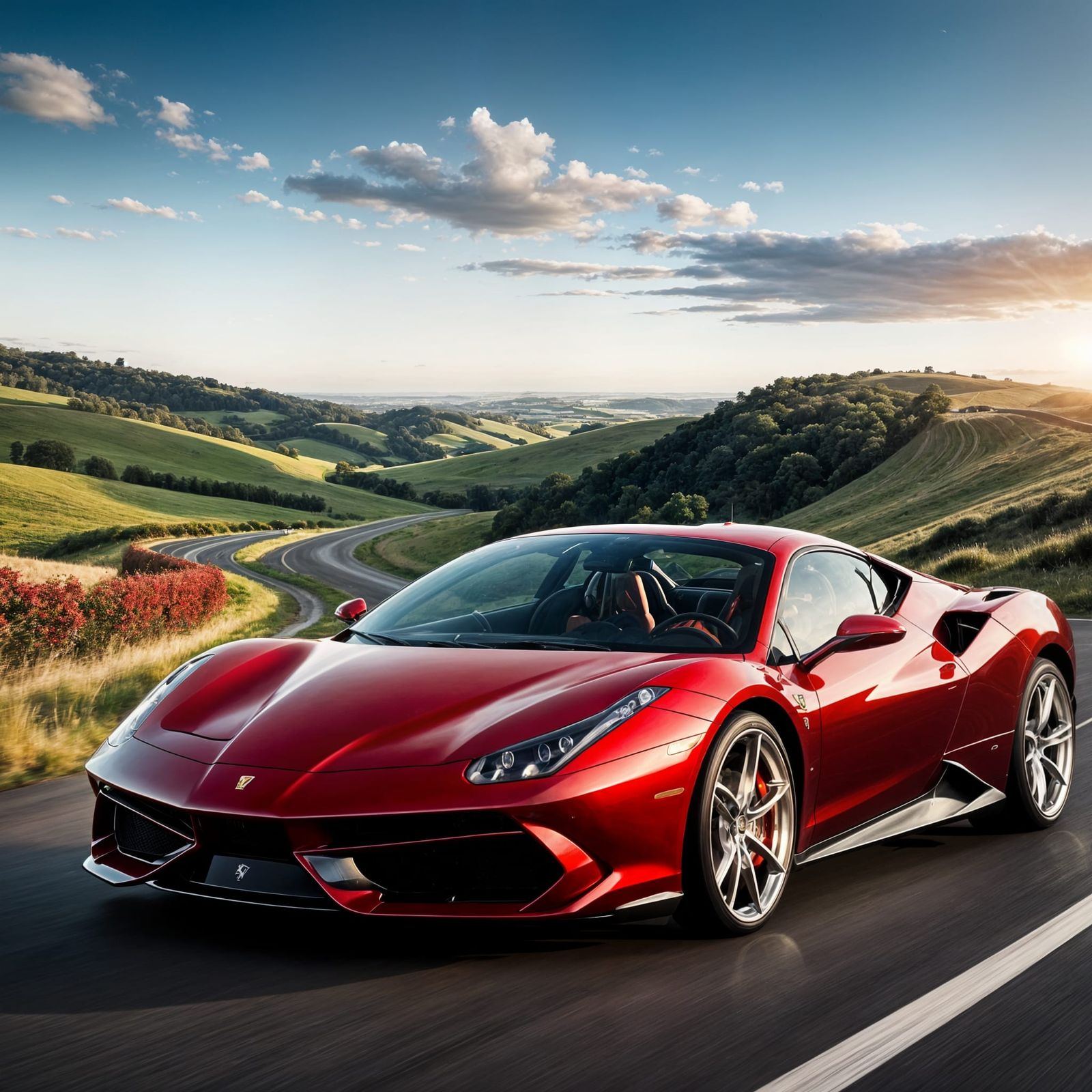 Red Sports Car on Winding Road in Vibrant Concept Art