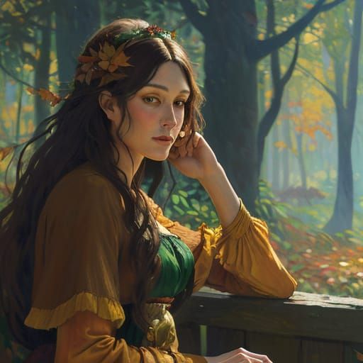 Gauguin-Inspired Woman in Autumn Forest