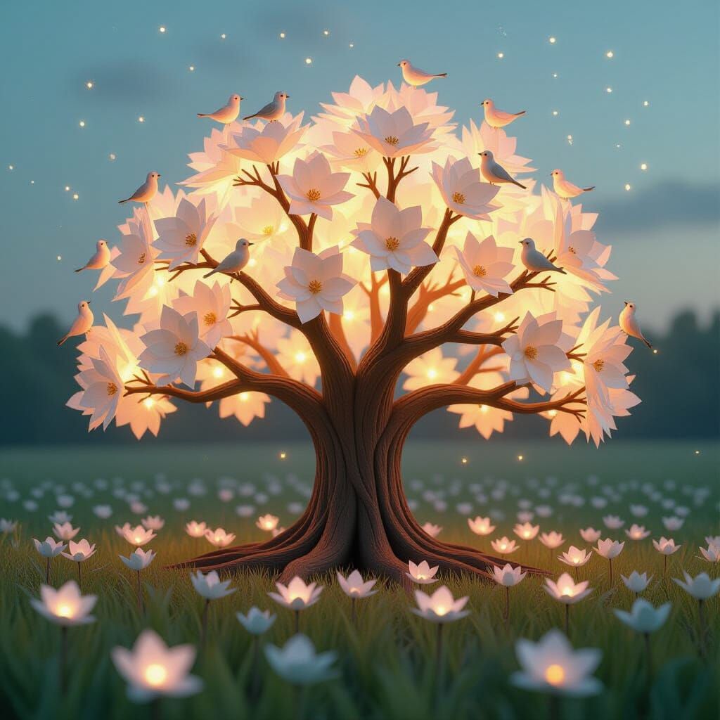 Magical Papercraft Tree in Glowing Flower Field
