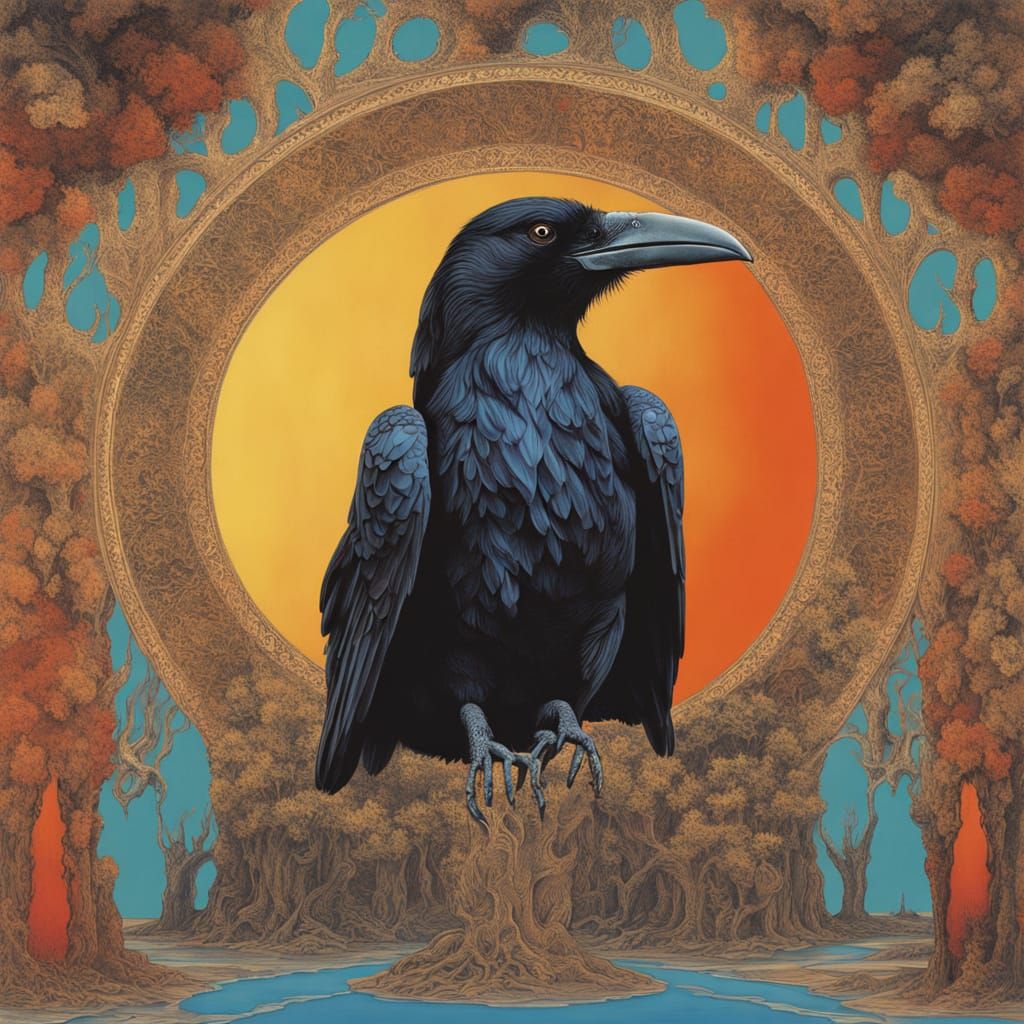 Raven Guides Soul Through Surreal Neon Mirage