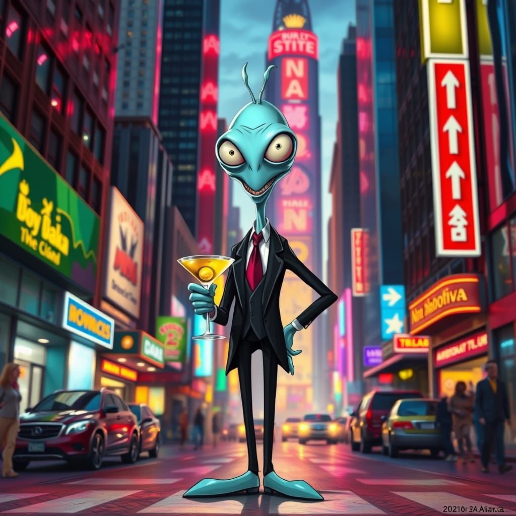 Roger the Alien in a Photorealistic Cityscape