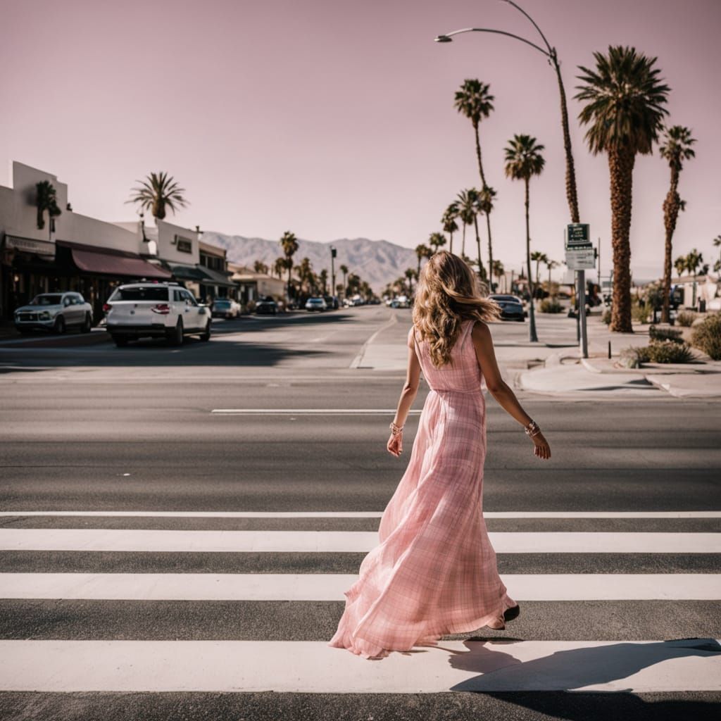 Woman in Pink Dress Crossing Palm Springs Street