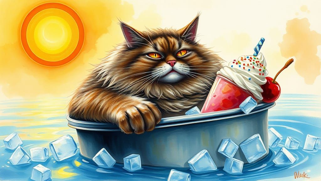 A Morbidly Obese Cat Luxuriates in a Cool Summer Treat