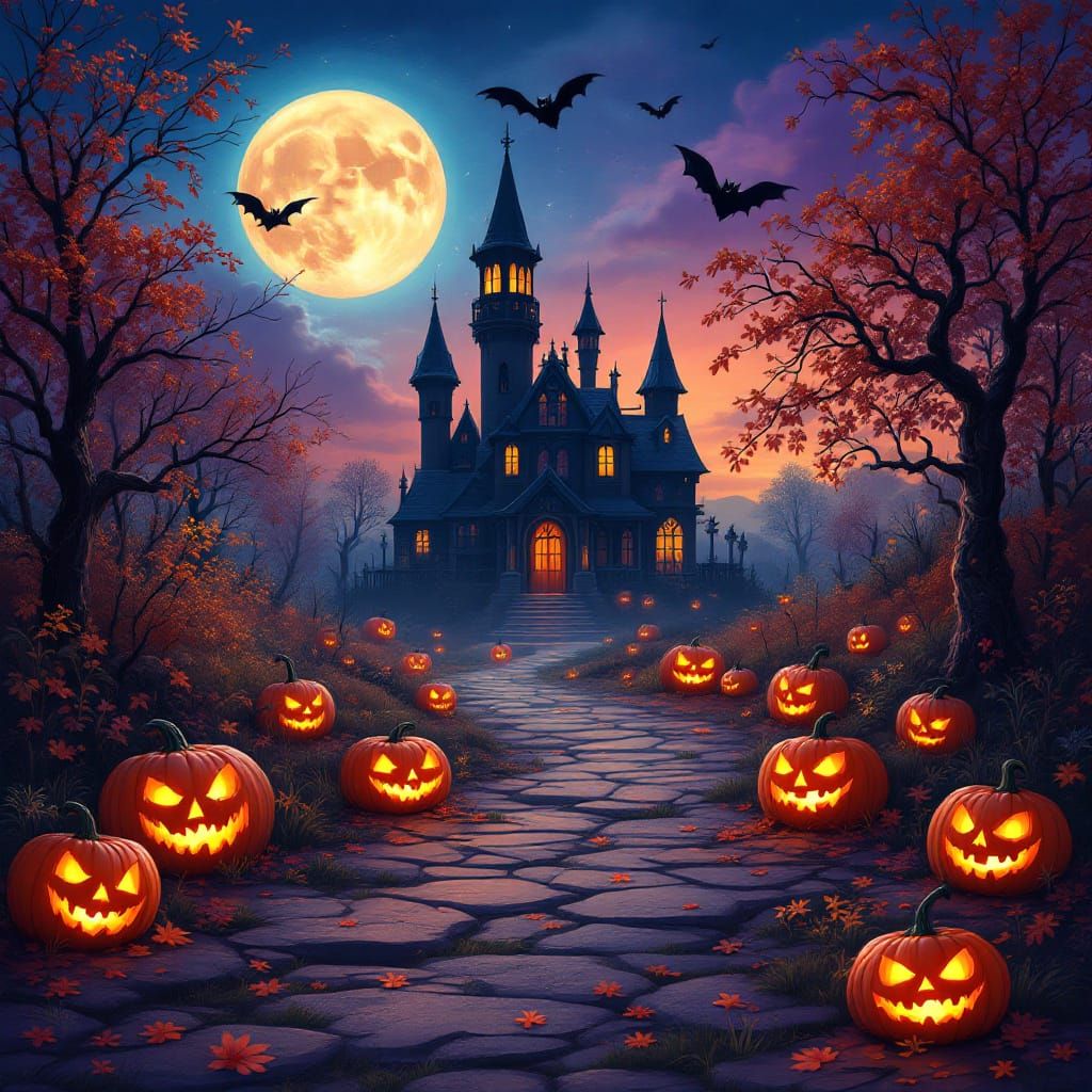Vibrant Halloween Scene with Colorful Background