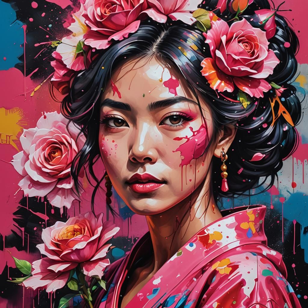 Vibrant Street Art Portrait: Woman in Kimono with Rose