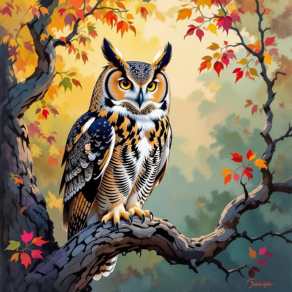 Great Horned Owl in Impressionist Gouache Style