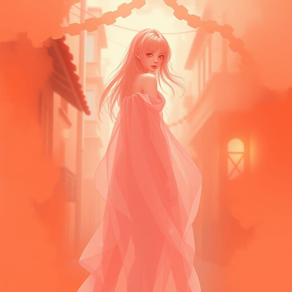 Ethereal Woman in Pink and Orange Street Scene