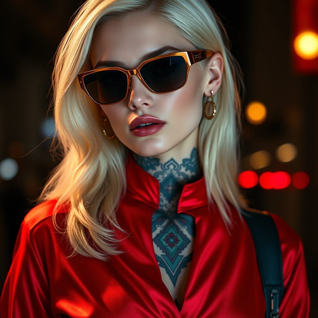 Elegant Woman in Red with Geometric Tattoo and Mirrored Sung...