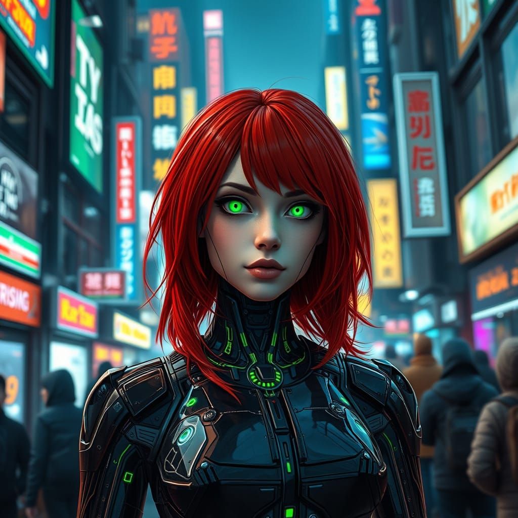Redhead Cyborg in Cyberpunk City, Hyperrealistic 8K