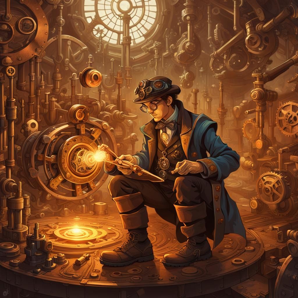 Steampunk Wizard Reciting Incantation in Syd Mead Style
