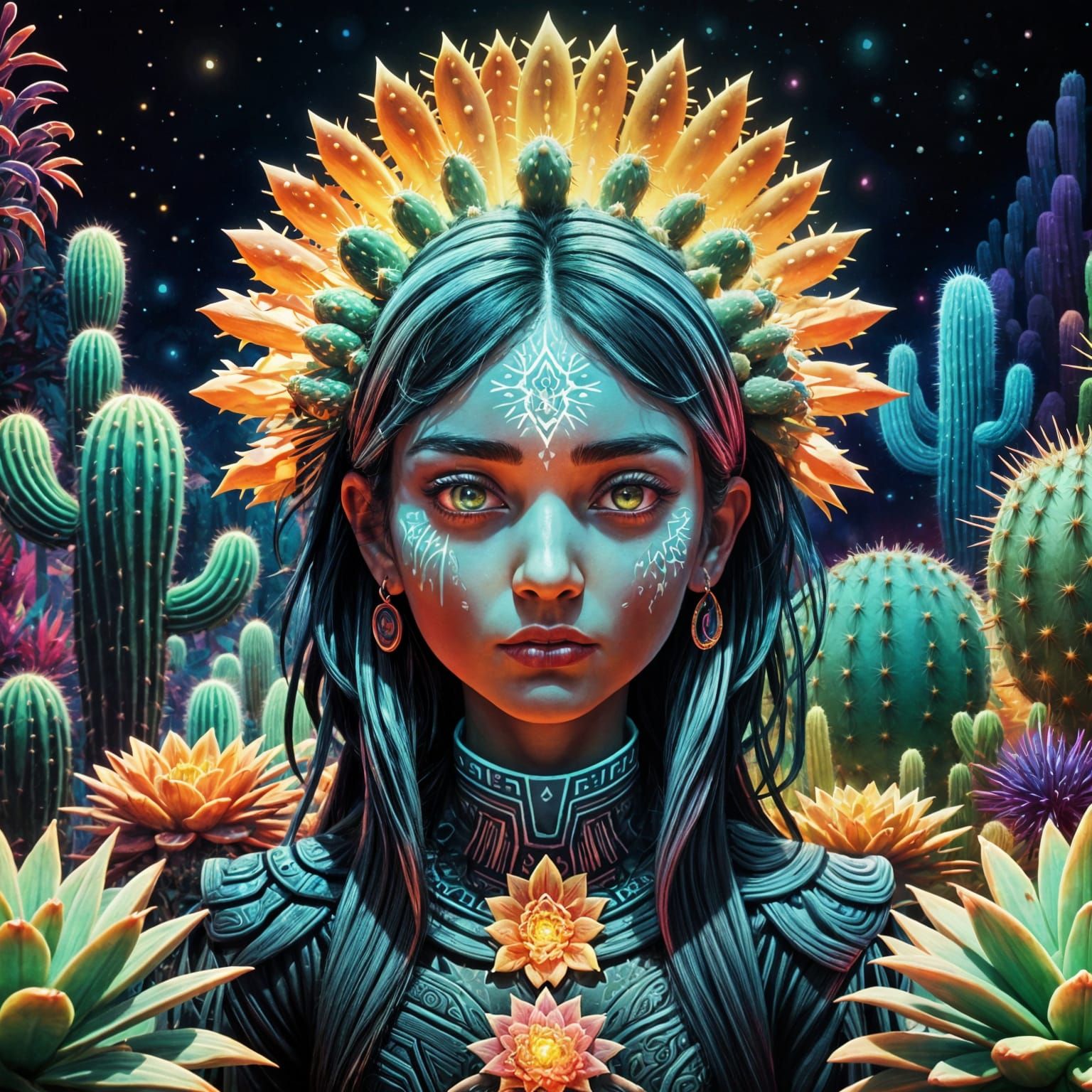 Psychedelic Cactus Stamp Art in Hyperrealistic Style
