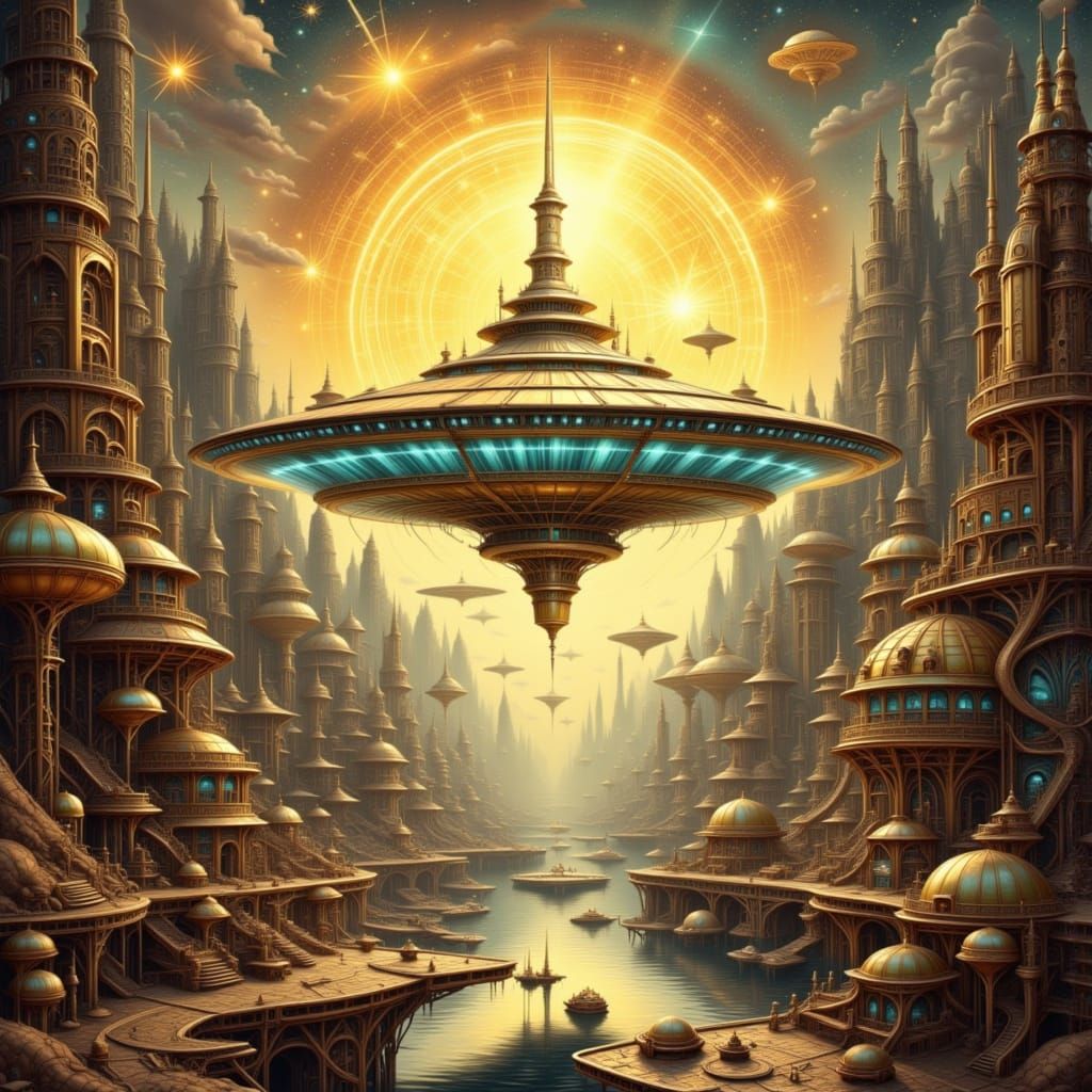 Retro Futuristic Dystopian Spaceport with Flying Saucers