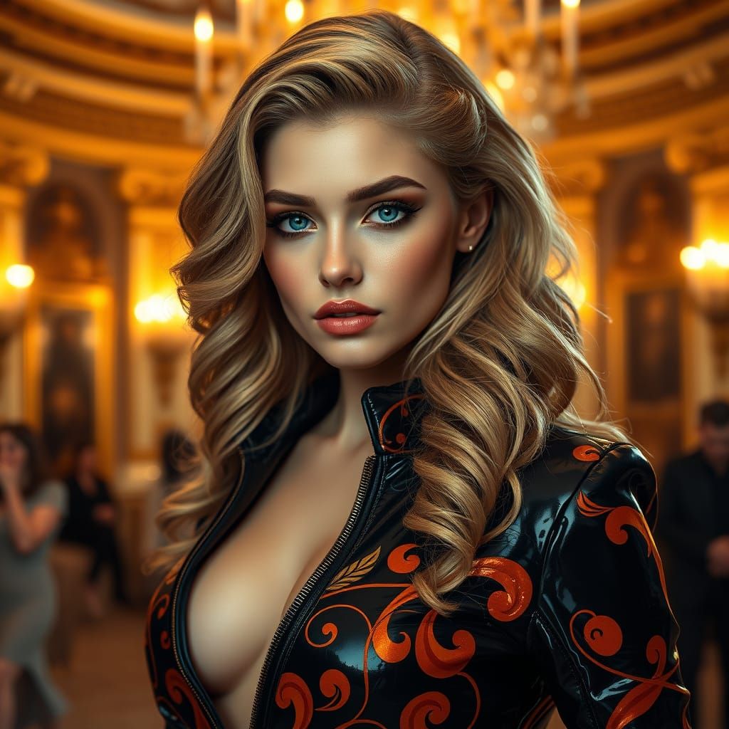 Elegant Woman in Lavish Ballroom Attire with Intricate Jacke...