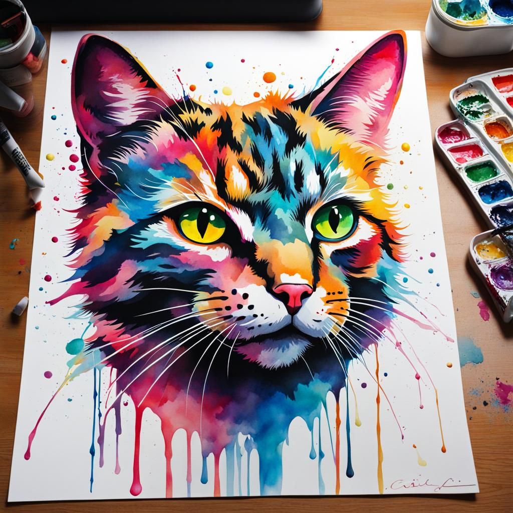 Colorful Graffiti Watercolor Cat Drawing