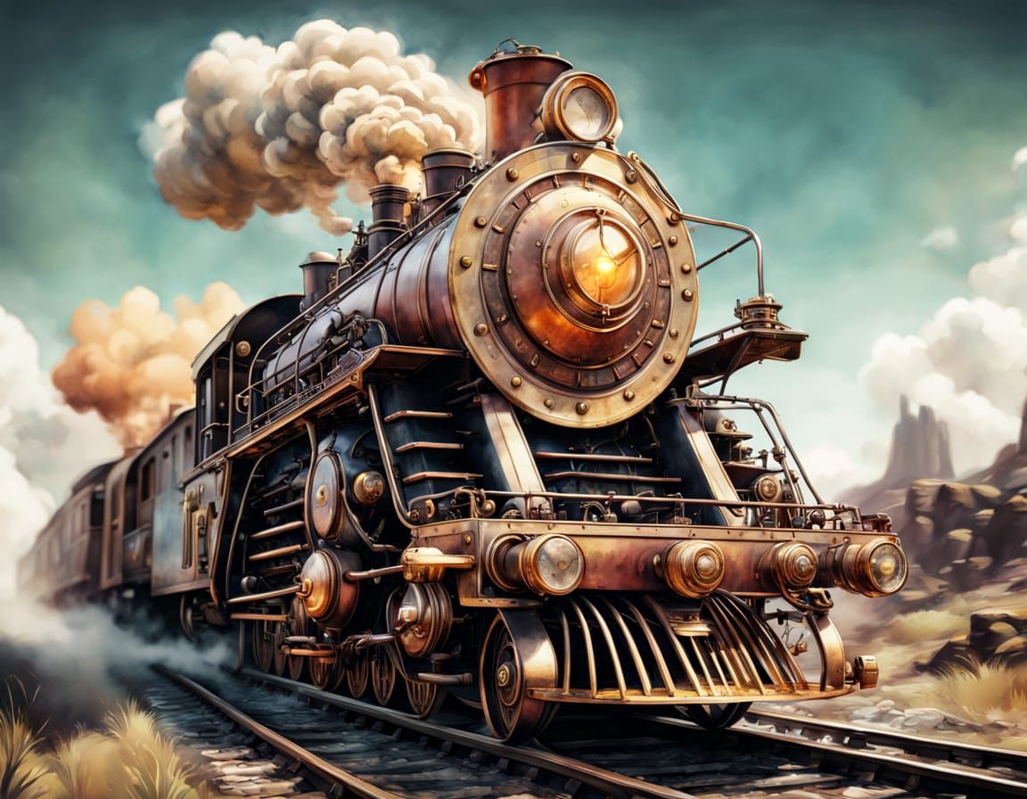 Vibrant Steampunk Locomotive in Motion