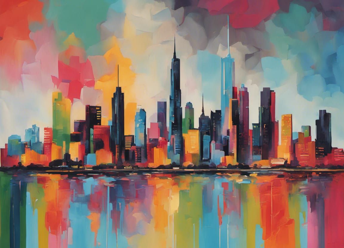 Minimalist City Skyline Painting in Bright Colors