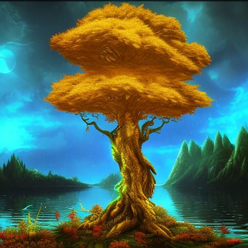 Glowing Gold Tree Under Blood Moon, Detailed Art