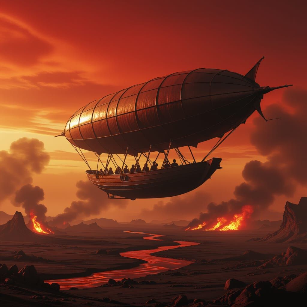 Dieselpunk Dirigible Rowboat with Demonic Wings Over Hellsca...
