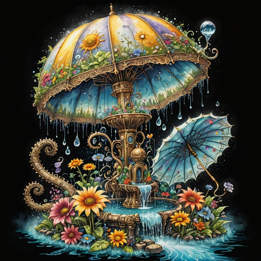 Fantasy Fountain with Steampunk Elements in Fine Art Style