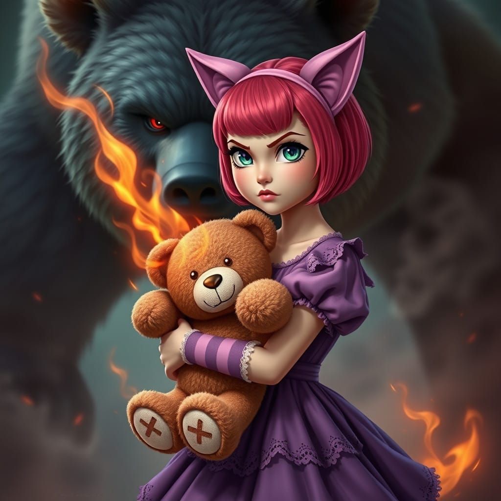 Ethereal Fantasy Girl with Whimsical Cat Ears and Teddy Bear