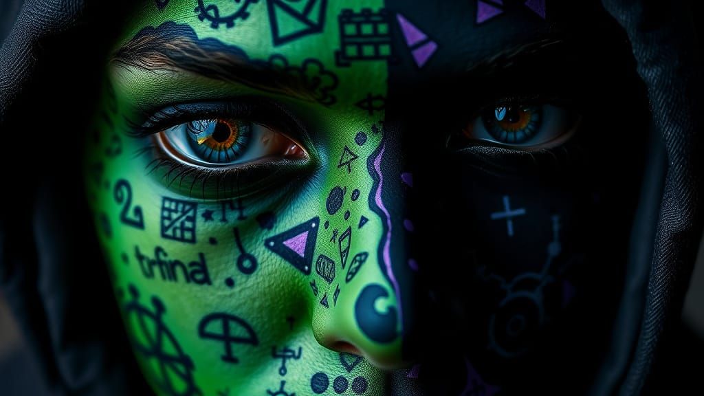 Face with Intricate Patterns and Mechanical Elements